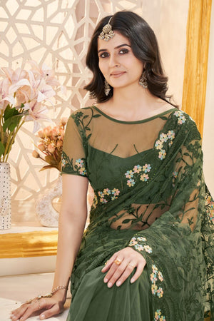 Green Floral Embroidered Net Saree (ACB2506)