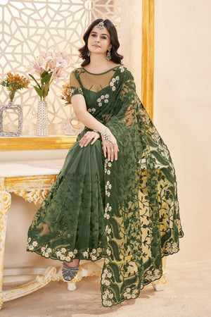 Green Floral Embroidered Net Saree (ACB2506)