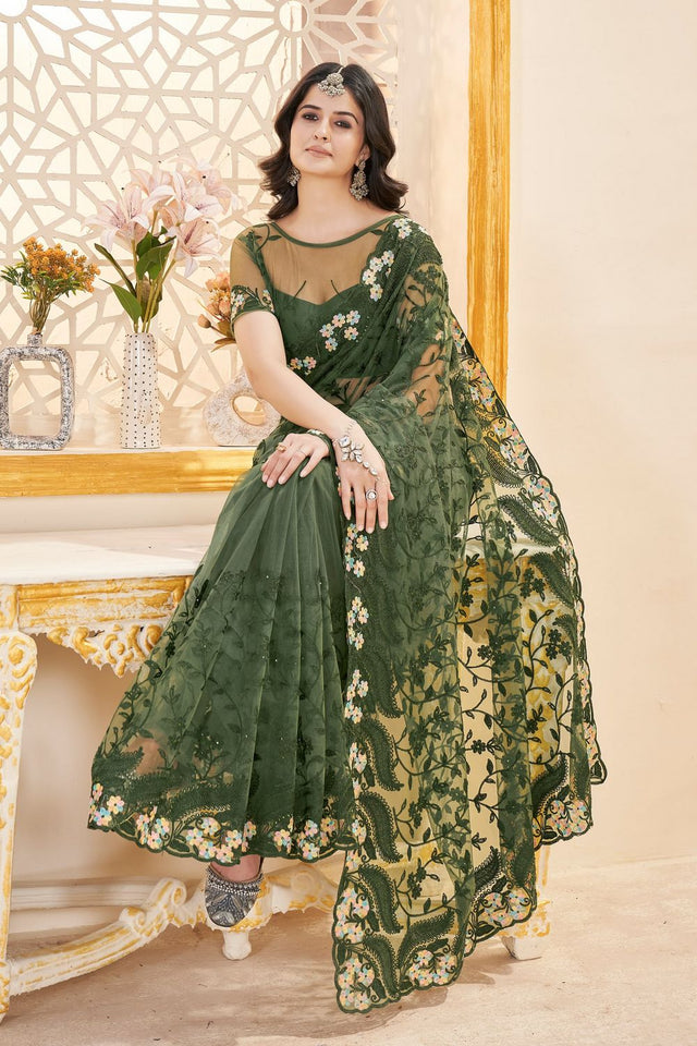 Green Floral Embroidered Net Saree (ACB2506)