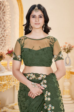 Green Floral Embroidered Net Saree (ACB2506)