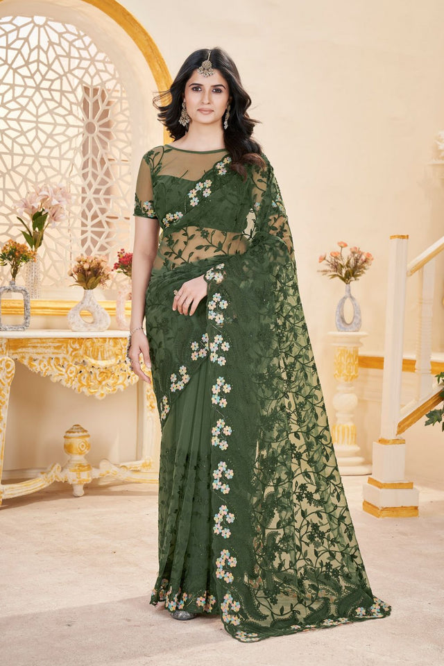 Green Floral Embroidered Net Saree (ACB2506)