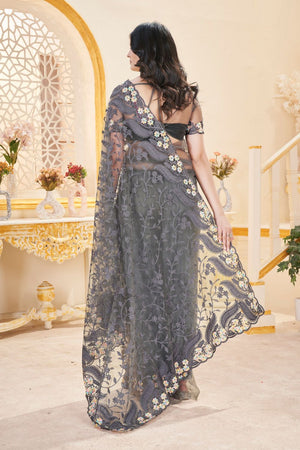 Grey Floral Embroidered Net Saree (ACB2507)