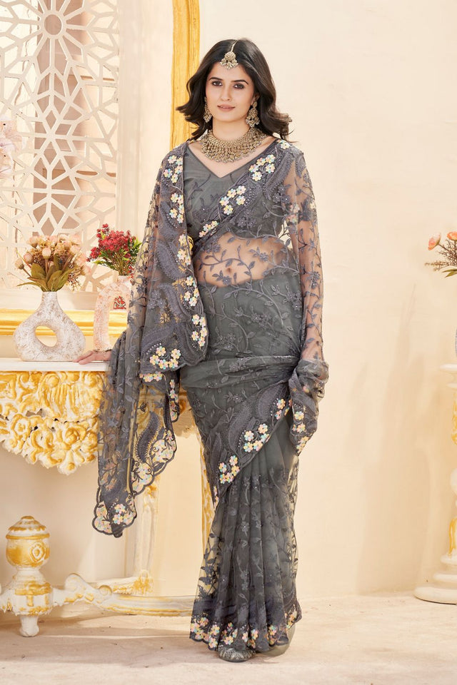 Grey Floral Embroidered Net Saree (ACB2507)