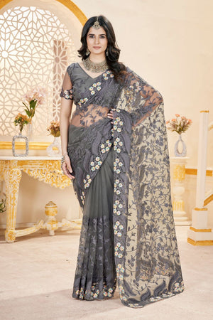 Grey Floral Embroidered Net Saree (ACB2507)