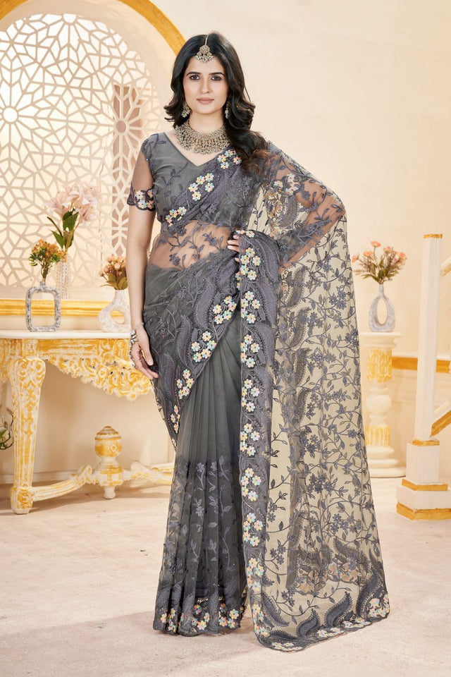 Grey Floral Embroidered Net Saree (ACB2507)
