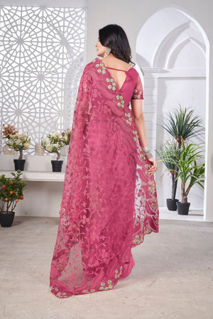 Pink Floral Embroidered Net Saree (ACB2508)