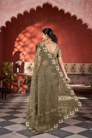 Mehendi Floral Embroidered Net Saree (ACB2509)