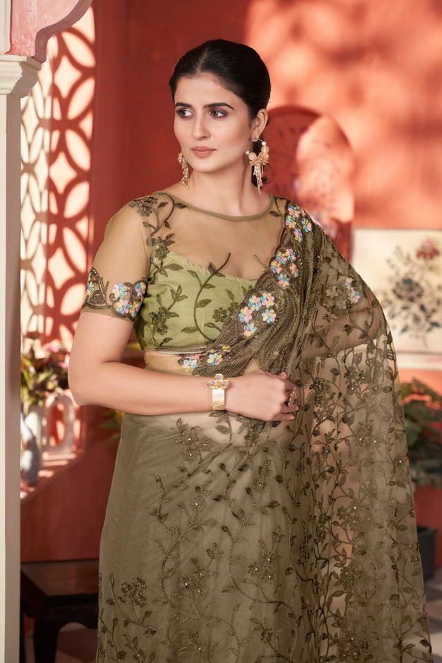 Mehendi Floral Embroidered Net Saree (ACB2509)