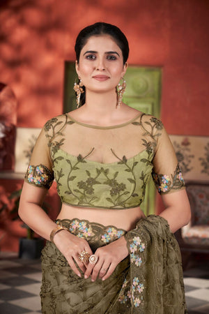 Mehendi Floral Embroidered Net Saree (ACB2509)