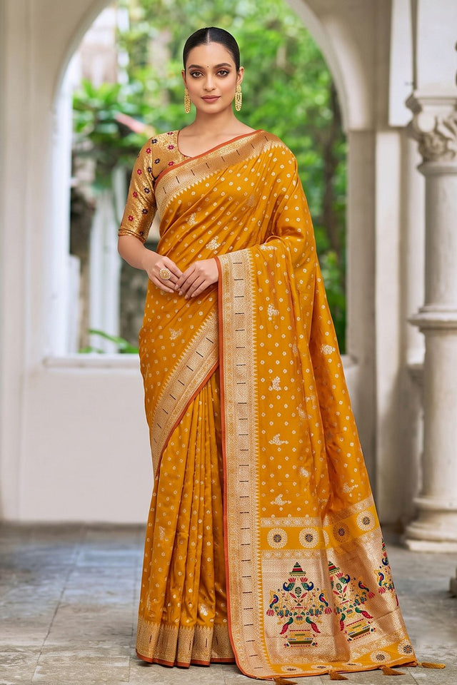 Mustard Floral Woven Silk Saree (ACB2510)