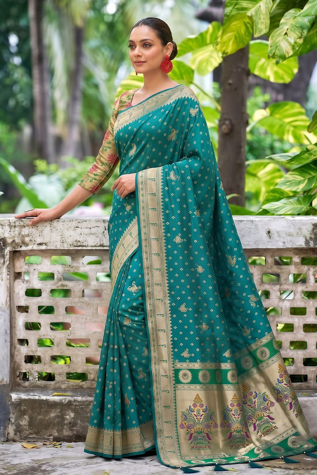 Turquoise Floral Woven Silk Saree (ACB2511)