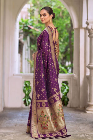 Wine Floral Woven Silk Saree (ACB2512)