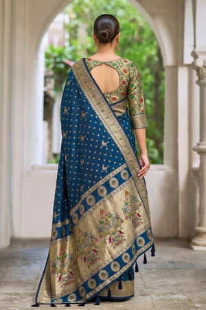 Blue Floral Woven Silk Saree (ACB2513)