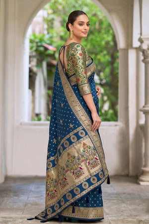 Blue Floral Woven Silk Saree (ACB2513)