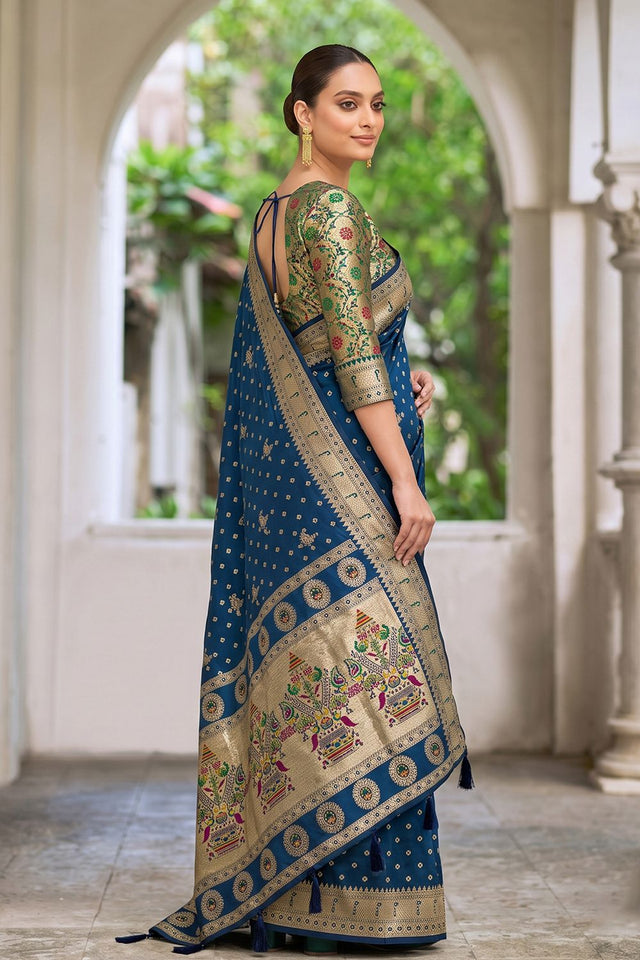 Blue Floral Woven Silk Saree (ACB2513)