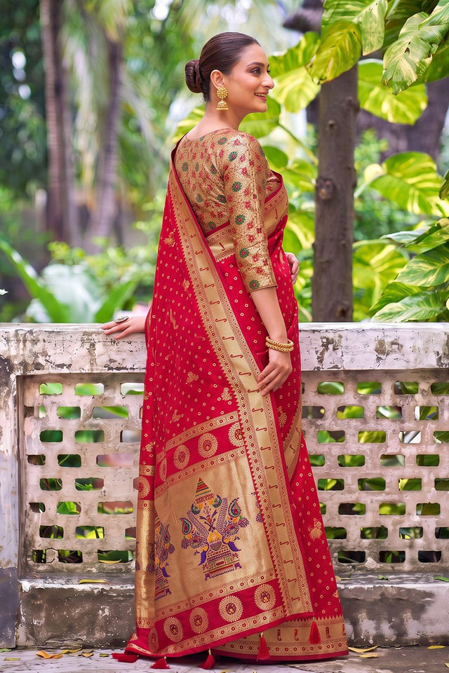 Red Floral Woven Silk Saree (ACB2514)