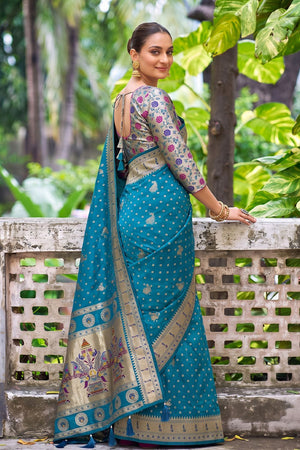 Turquoise Floral Woven Silk Saree (ACB2515)
