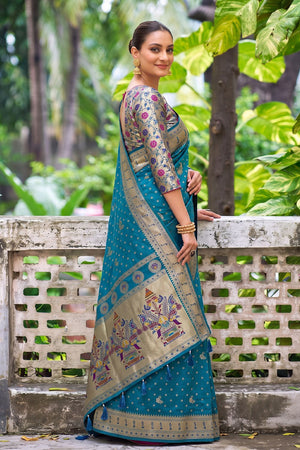 Turquoise Floral Woven Silk Saree (ACB2515)