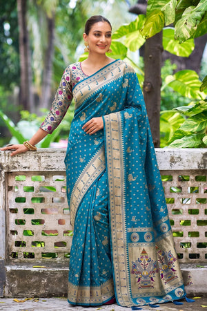 Turquoise Floral Woven Silk Saree (ACB2515)