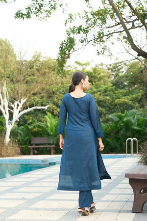 Blue Embroidered Silk Kurti Pant Set (ACB2516)