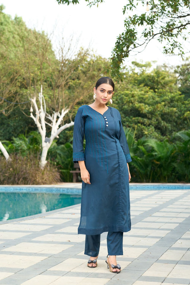 Blue Embroidered Silk Kurti Pant Set (ACB2516)