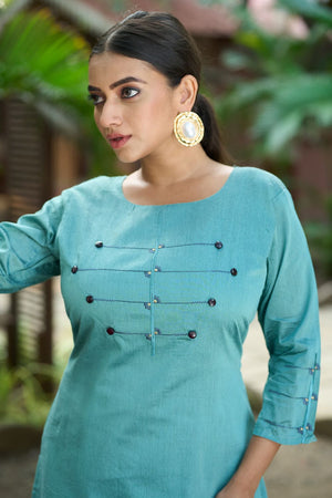 Turquoise Embroidered Silk Kurti Pant Set (ACB2518)