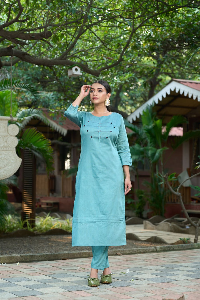 Turquoise Embroidered Silk Kurti Pant Set (ACB2518)