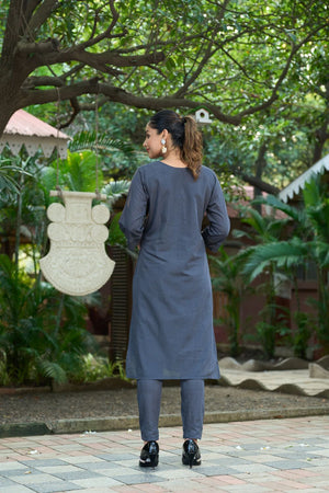 Grey Embroidered Silk Kurti Pant Set (ACB2519)