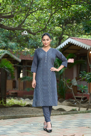 Grey Embroidered Silk Kurti Pant Set (ACB2519)