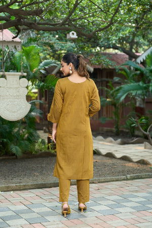 Mustard Embroidered Silk Kurti Pant Set (ACB2520)