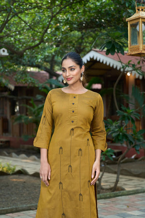 Mustard Embroidered Silk Kurti Pant Set (ACB2520)