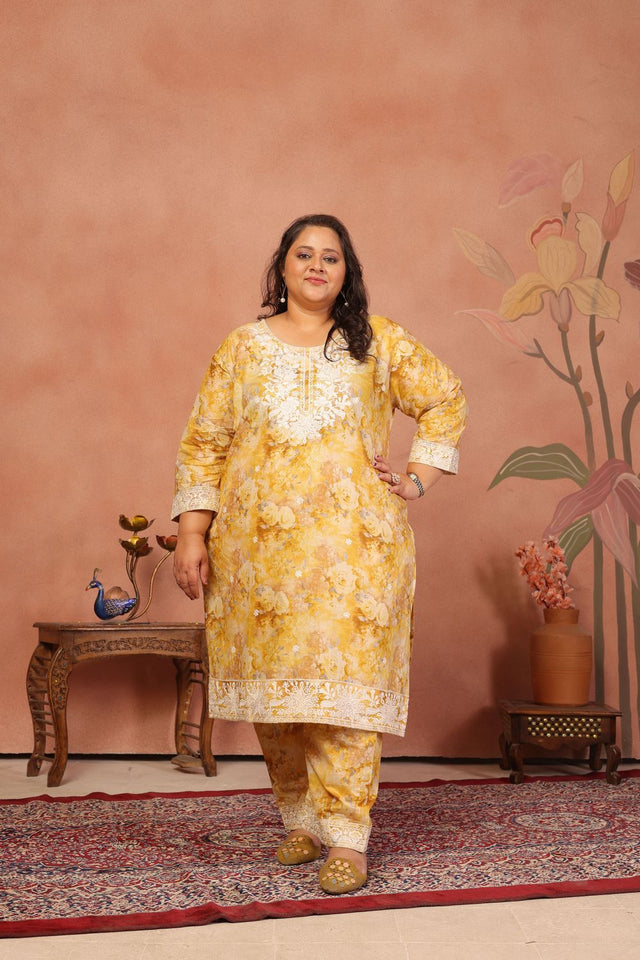 Brown Floral Printed Cotton Kurti Pant Set (ACB2521)