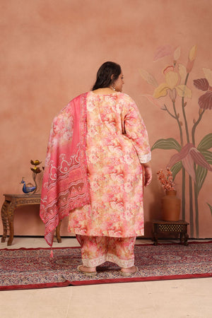 Pink Floral Printed Cotton Kurti Pant Set (ACB2522)