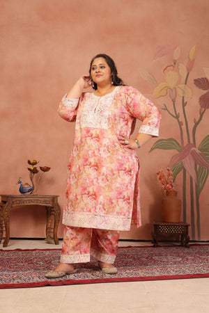 Pink Floral Printed Cotton Kurti Pant Set (ACB2522)