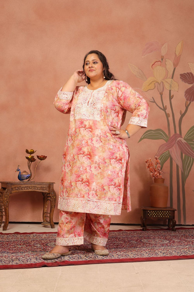 Pink Floral Printed Cotton Kurti Pant Set (ACB2522)
