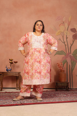 Pink Floral Printed Cotton Kurti Pant Set (ACB2522)