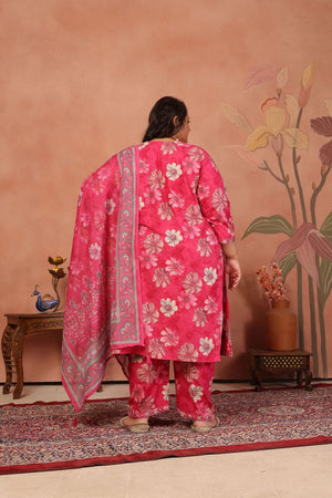 Pink Floral Printed Cotton Kurti Pant Set (ACB2523)