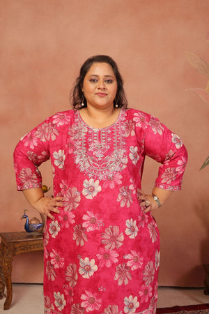 Pink Floral Printed Cotton Kurti Pant Set (ACB2523)