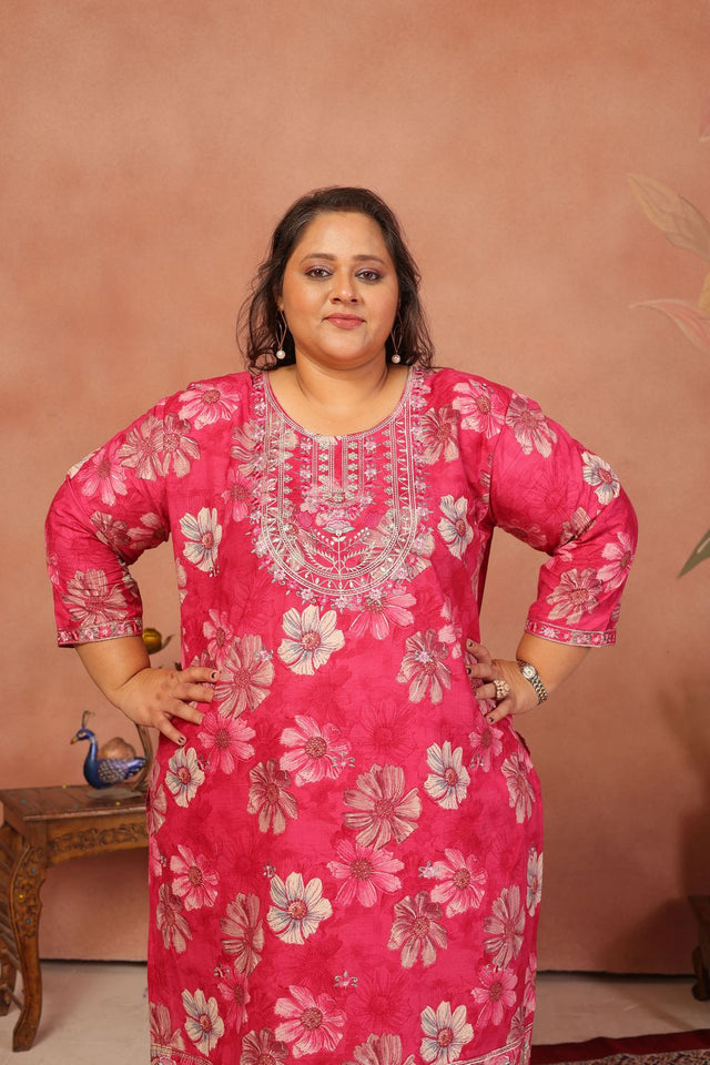 Pink Floral Printed Cotton Kurti Pant Set (ACB2523)