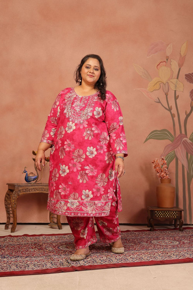 Pink Floral Printed Cotton Kurti Pant Set (ACB2523)
