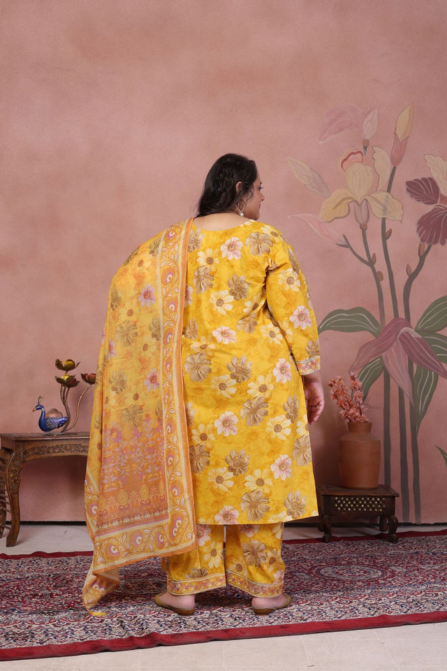 Mustard Floral Printed Cotton Kurti Pant Set (ACB2524)