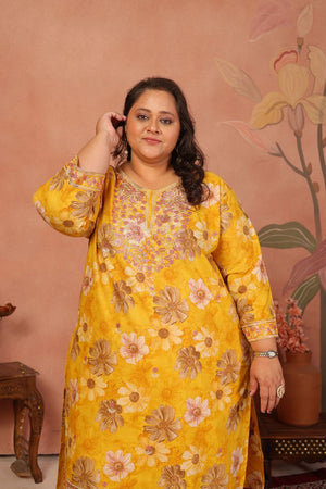 Mustard Floral Printed Cotton Kurti Pant Set (ACB2524)