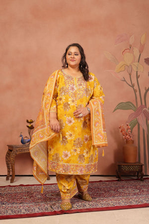 Mustard Floral Printed Cotton Kurti Pant Set (ACB2524)