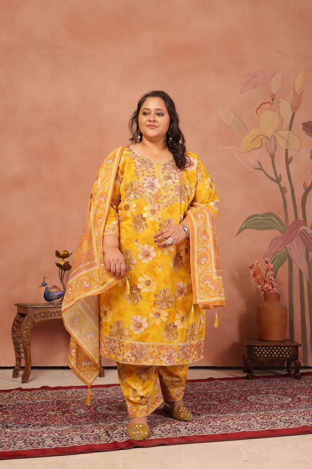 Mustard Floral Printed Cotton Kurti Pant Set (ACB2524)