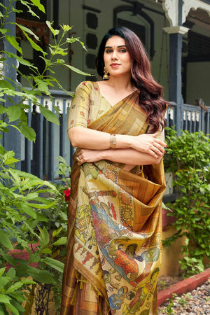 Gold Kalamkari Printed Silk Saree (ACB2525)