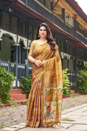 Gold Kalamkari Printed Silk Saree (ACB2525)