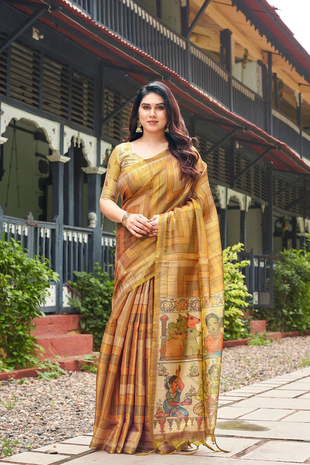 Gold Kalamkari Printed Silk Saree (ACB2525)