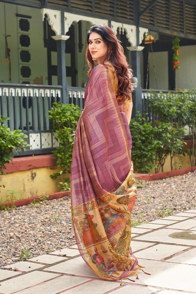 Purple Kalamkari Printed Silk Saree (ACB2526)