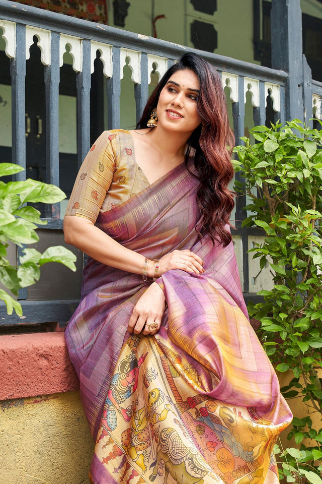 Purple Kalamkari Printed Silk Saree (ACB2526)