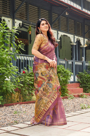 Purple Kalamkari Printed Silk Saree (ACB2526)